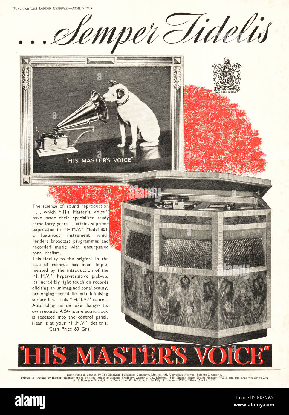 1939 UK Magazine His Master's Voice Record Player Ad Stock Photo