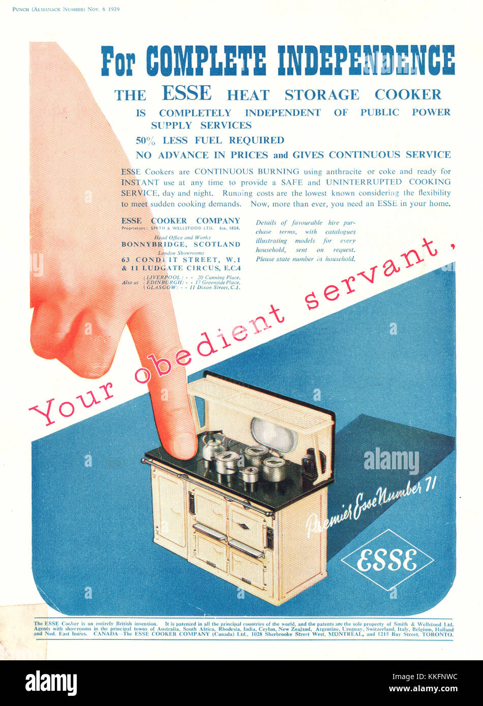 1939 UK Magazine Esse Storage Cooker Advert Stock Photo