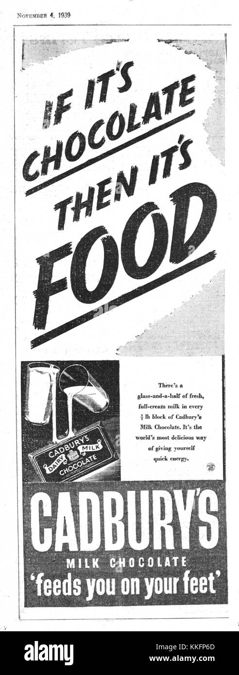 1939 UK Magazine Cadburys Milk Chocolate Advert Stock Photo