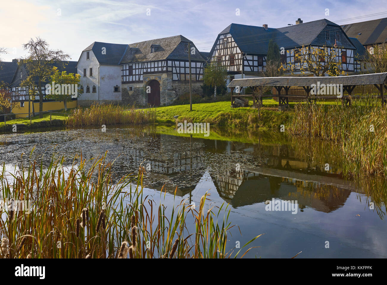 Nitschareuth, historic village green with halftimbered farmhouse, Thuringia, Germany Stock