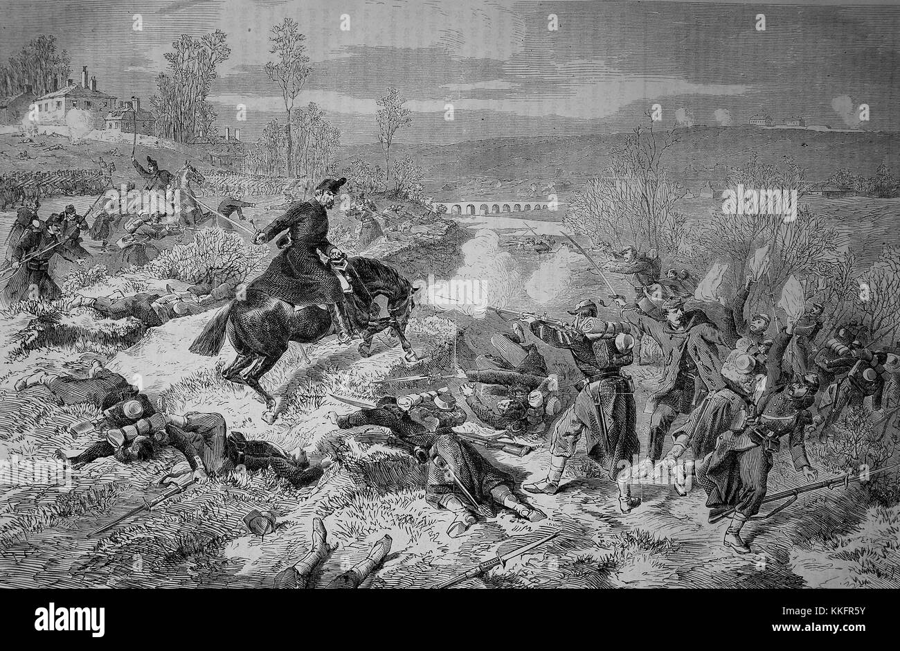 The Royal Saxon Rifle Regiment No.108 in the battle near Villiers on 2 December, France, Franco-German War 1870/71, Franco-Prussian War or Franco-German War, War of 1870, a conflict between the Second French Empire of Napoleon III and the German states of the North German Confederation led by the Kingdom of Prussia, Digital improved reproduction of an original woodcut Stock Photo