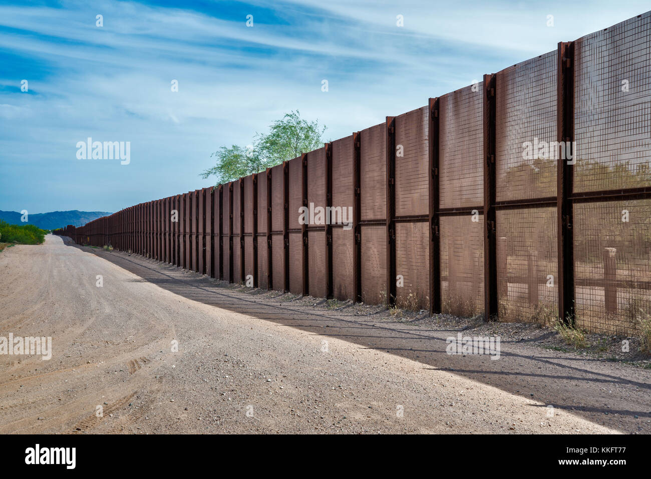 Fence at Mexican border, Sonoran Desert, Organ Pipe Cactus National Monument, Arizona, USA Stock