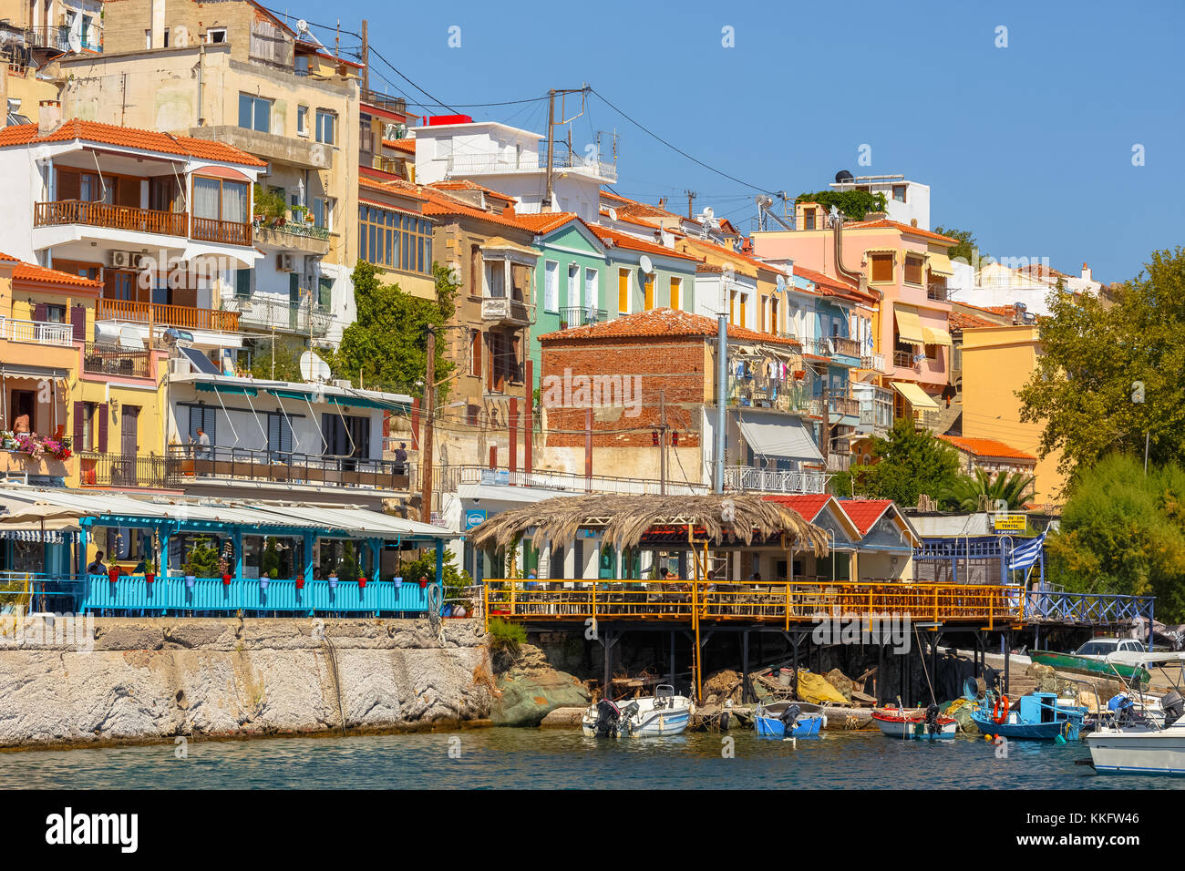 The picturesque fish village of Plomari located at the south part of Lesvos island is famous for its ouzo drink which accompanies traditional fish del Stock Photo