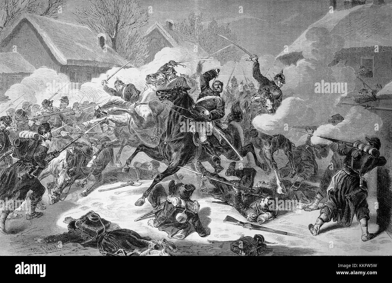 Battle of La Force on January 17, death of the First Lieutenant of Trotha from the Magdeburg Dragoon Regiment, France, Franco-German War 1870/71, Franco-Prussian War or Franco-German War, War of 1870, a conflict between the Second French Empire of Napoleon III and the German states of the North German Confederation led by the Kingdom of Prussia, Digital improved reproduction of an original woodcut Stock Photo
