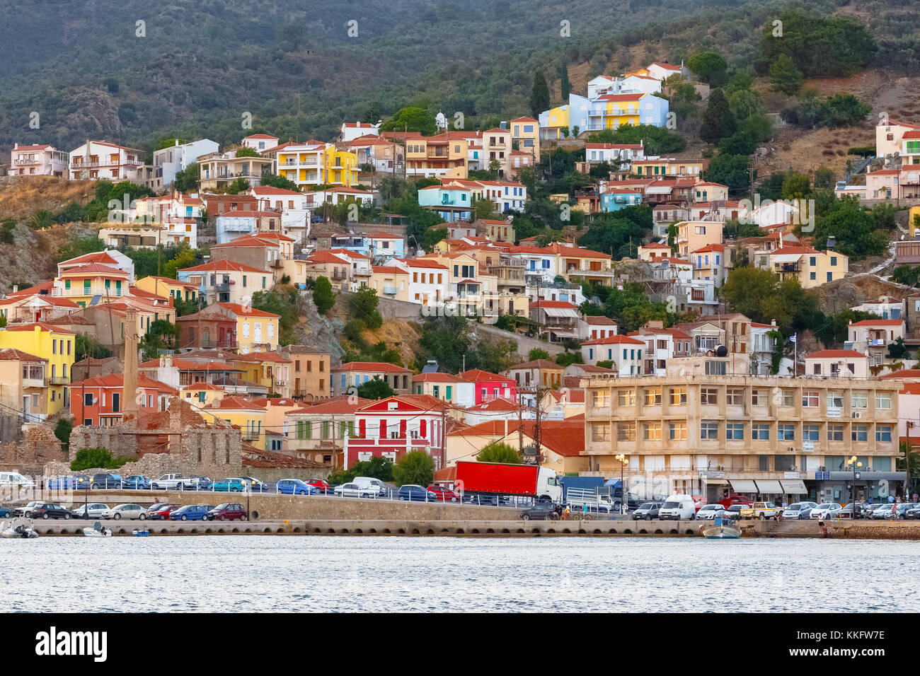 The picturesque fish village of Plomari located at the south part of Lesvos island is famous for its ouzo drink which accompanies traditional fish del Stock Photo