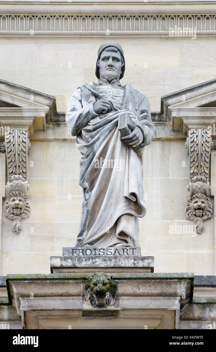 Paris, France. Palais du Louvre. Statue in the Cour Napoleon: Jean Froissart (c 1337 – c 1405) French-speaking medieval author and court historian fro Stock Photo