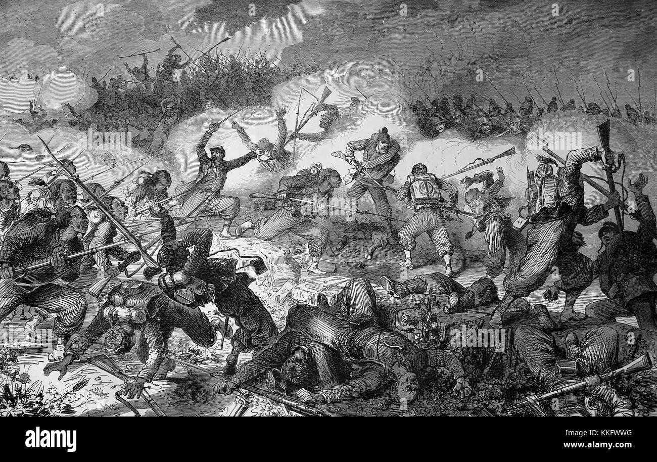Battle of the 10th Bavarian Rifle Battalion with Turcos in the vineyards near Weissenburg, Franco-German War 1870/71, Franco-Prussian War or Franco-German War, War of 1870, a conflict between the Second French Empire of Napoleon III and the German states of the North German Confederation led by the Kingdom of Prussia, Digital improved reproduction of an original woodcut Stock Photo
