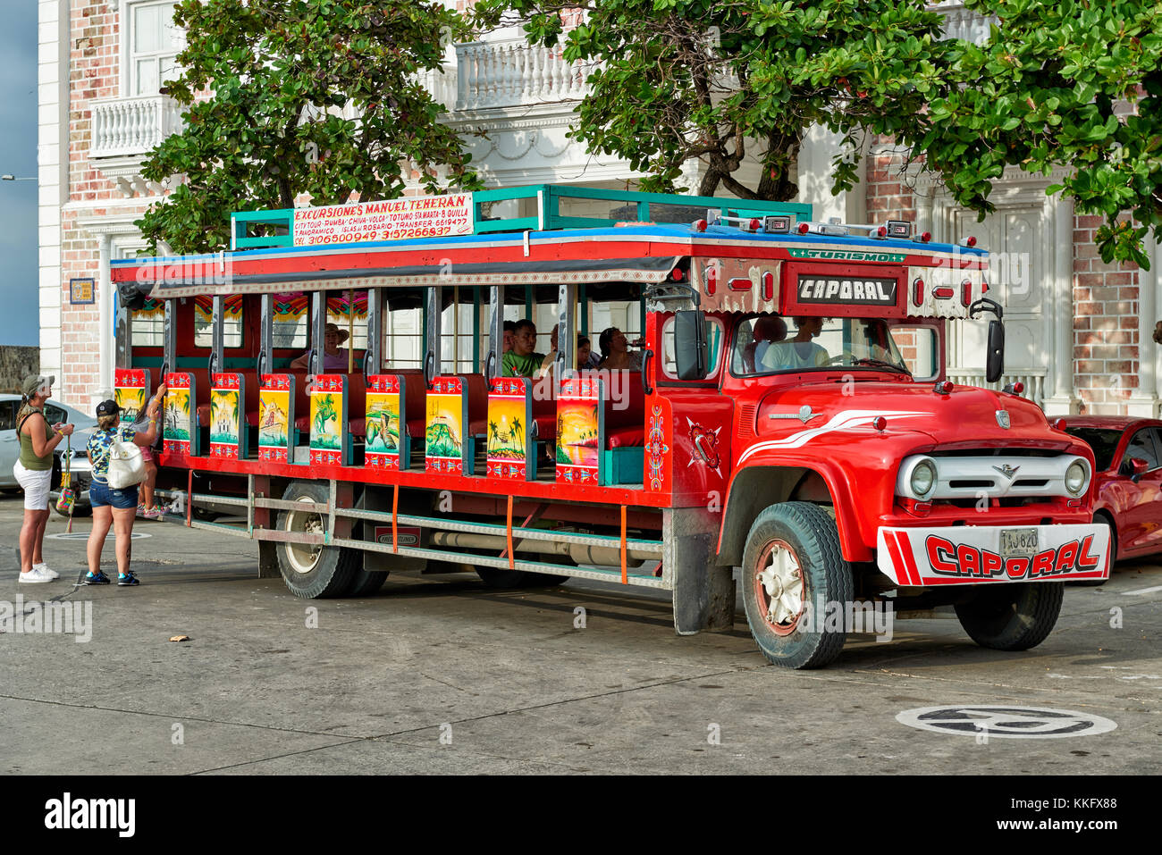 traditional colorful Chiva bus in street of Cartagena de Indias, Colombia, South America Stock Photo