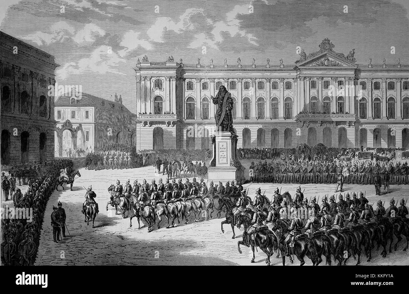 Arrival of Prussian troops on Stanislausplatz in Gdansk on August 15, Franco-German War 1870/71, Franco-Prussian War or Franco-German War, War of 1870, a conflict between the Second French Empire of Napoleon III and the German states of the North German Confederation led by the Kingdom of Prussia, Digital improved reproduction of an original woodcut Stock Photo