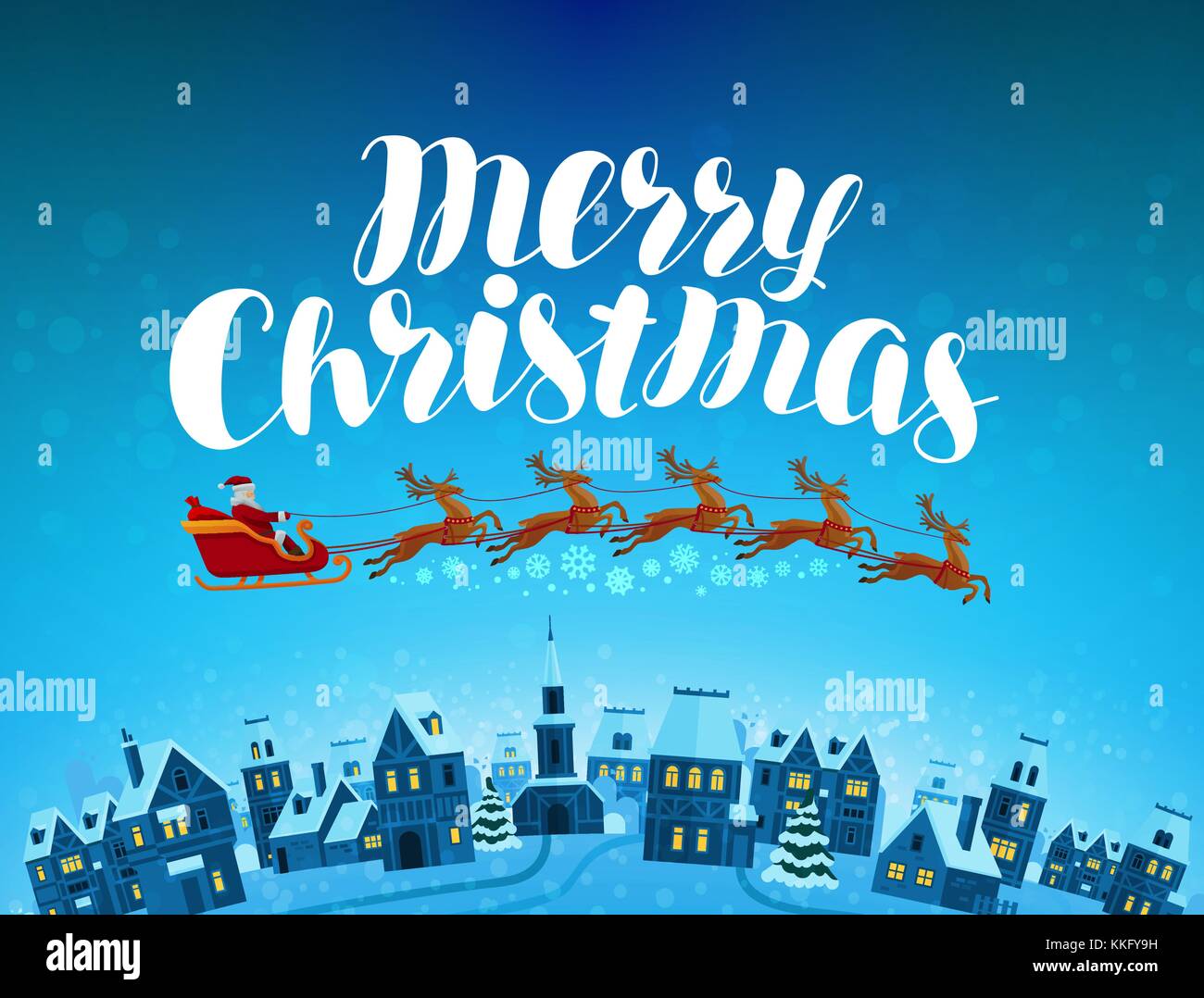 Merry Christmas, greeting card. Santa Claus rides in sleigh at night over town. Cartoon vector illustration Stock Vector