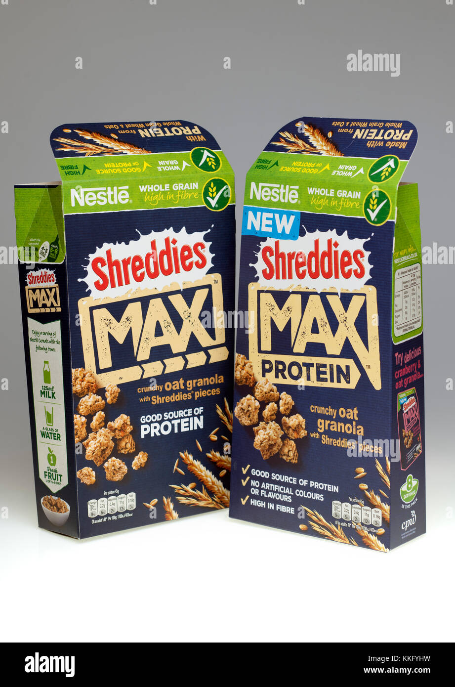 Two boxes of Crunchy Oat Granola Shreddies Max be Nestle Stock Photo