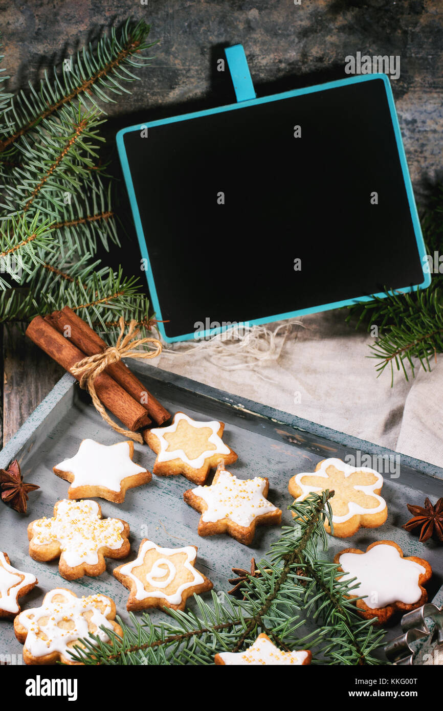 Assorted Of Christmas Cookies On Wooden Tray Served With Empty Stock Photo Alamy