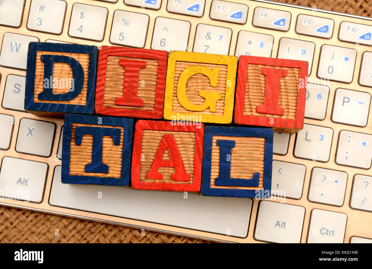 Digital words block on Keyboard closeup Marketing concept Stock Photo