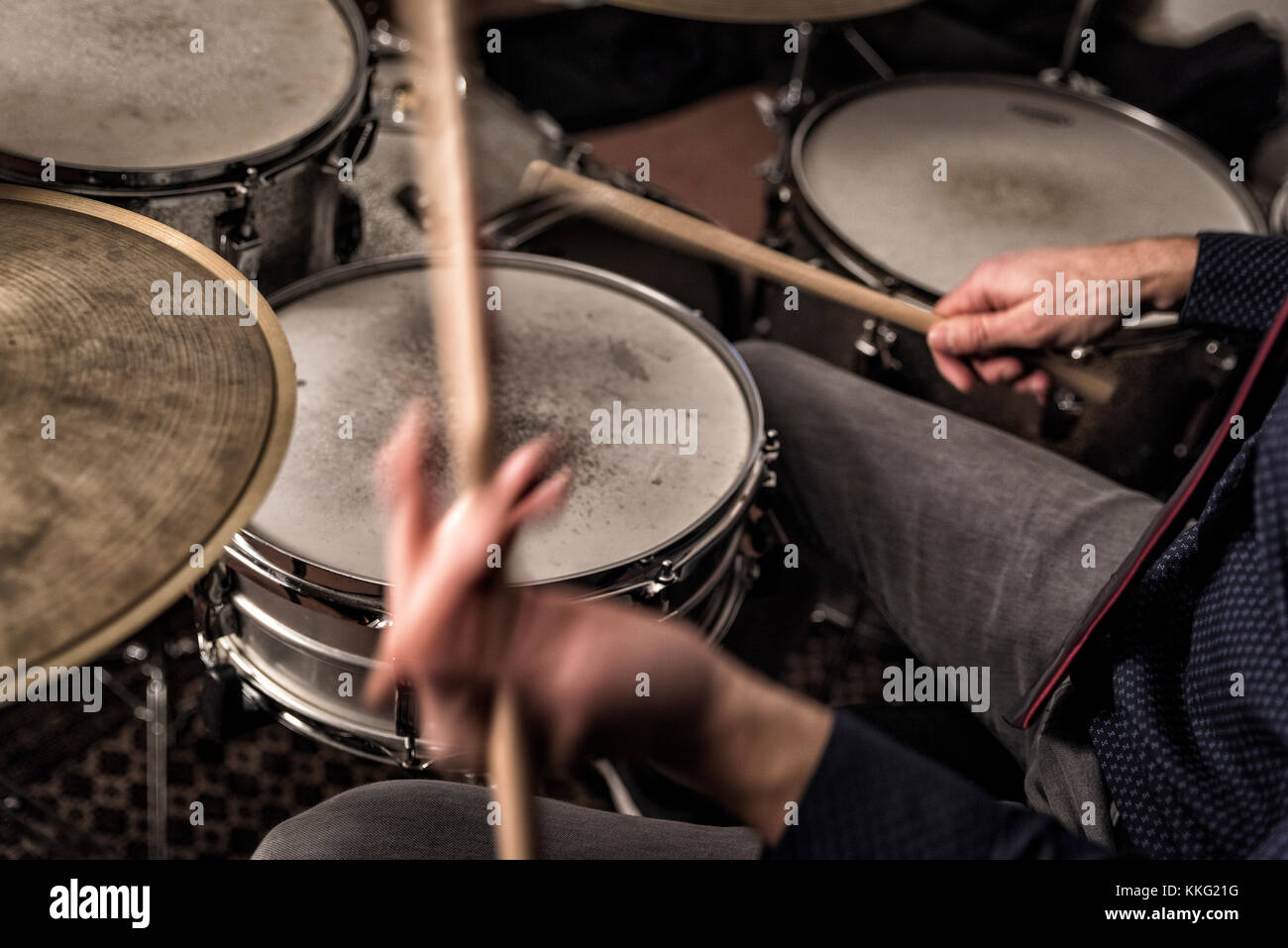 Drummer playing a rhythm, closeup, back view Stock Photo Alamy