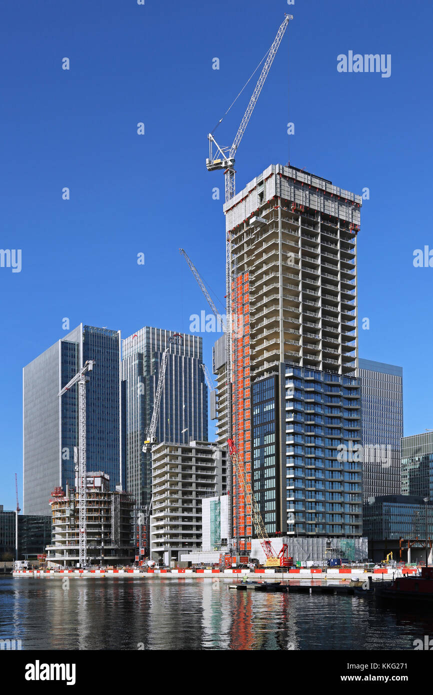 Construction of three new residential towers at Canary Warf in London's docklands, UK. Stock Photo