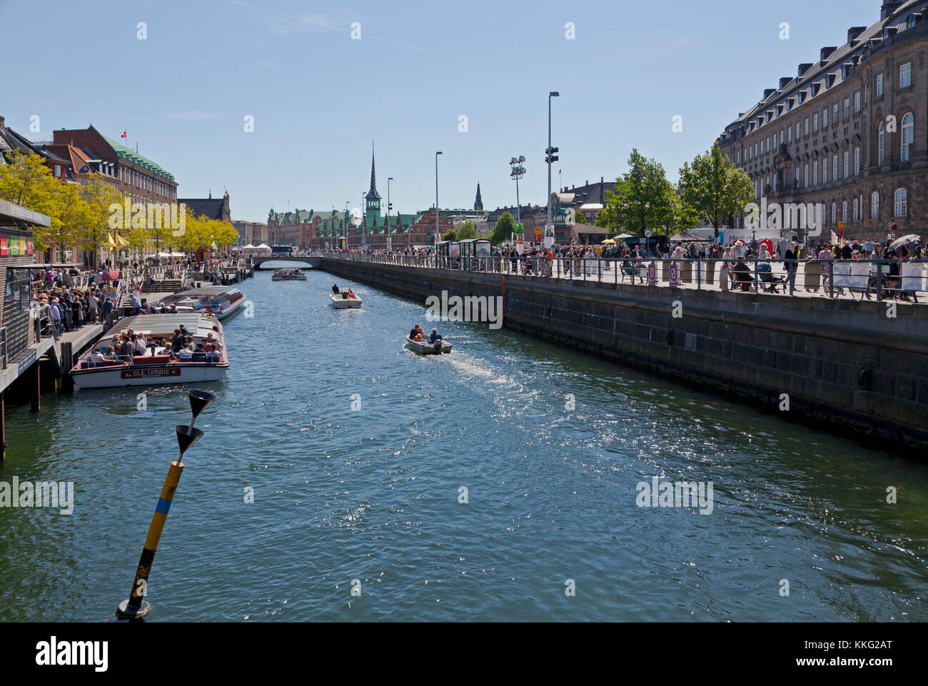 View along Slotsholmskanal in Copenhagen. Denmark. One of the canals encircling the area of Christiansborg Castle and the Folketing. See description. Stock Photo