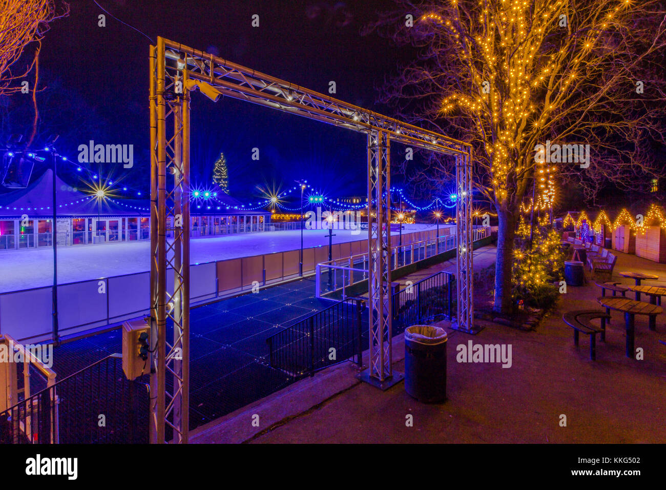 Royal Tunbridge Wells ice rink at night, in winter, tourist attraction ice skating in Calverley