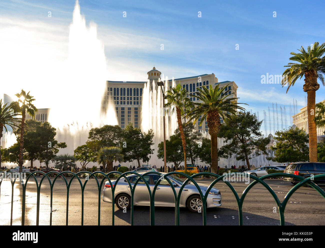 The Bellagio fountain seen from across Las Vegas boulevard on the Las Vegas Strip Stock Photo