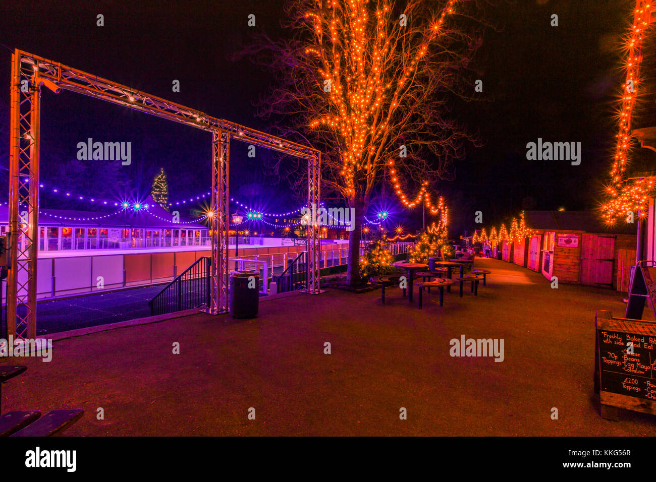 Royal Tunbridge Wells ice rink at night, in winter, tourist attraction ice skating in Calverley