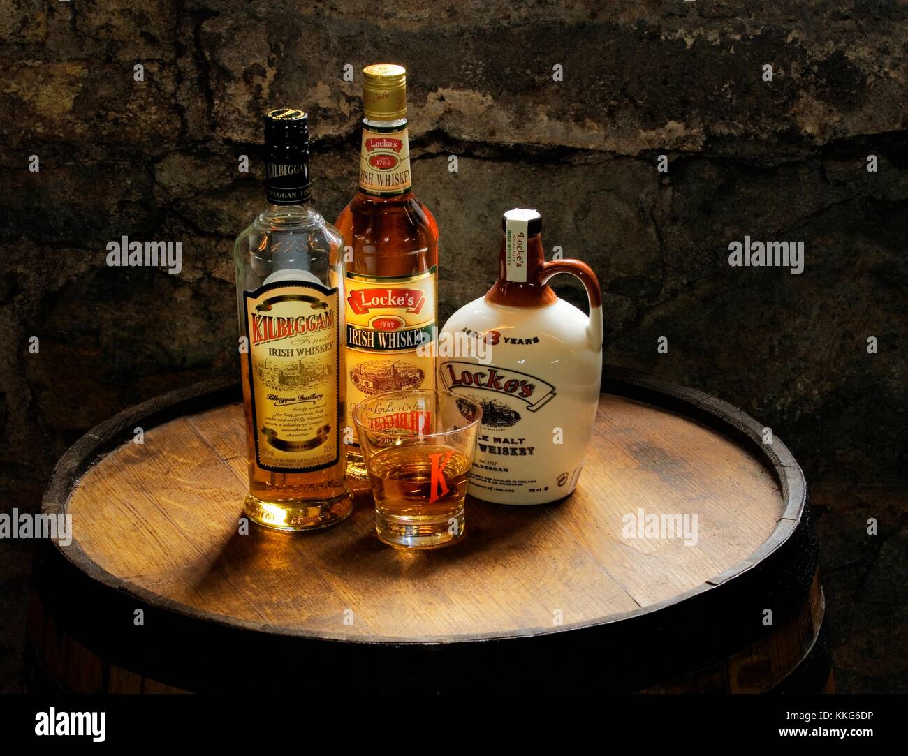 Lockes and Kilbeggan Irish Whiskey brands made at Locke’s Distillery, one of Ireland’s oldest, in Westmeath town of Kilbeggan. Stock Photo