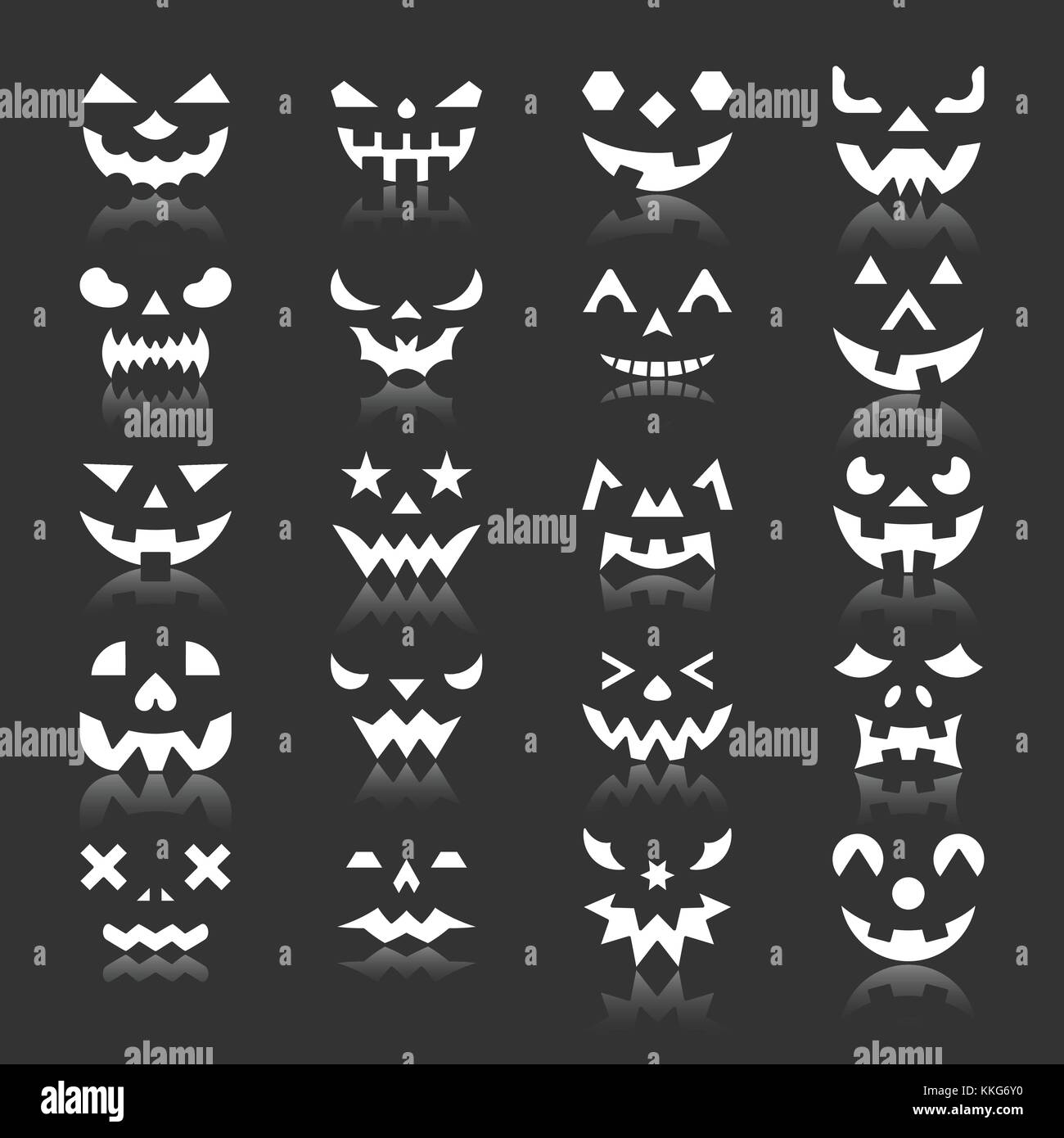 Halloween face icon set. Pumpkin white silhouette with reflection. Monochrome flat design symbol collection. Simple graphic pictogram pack. Web, baner Stock Vector