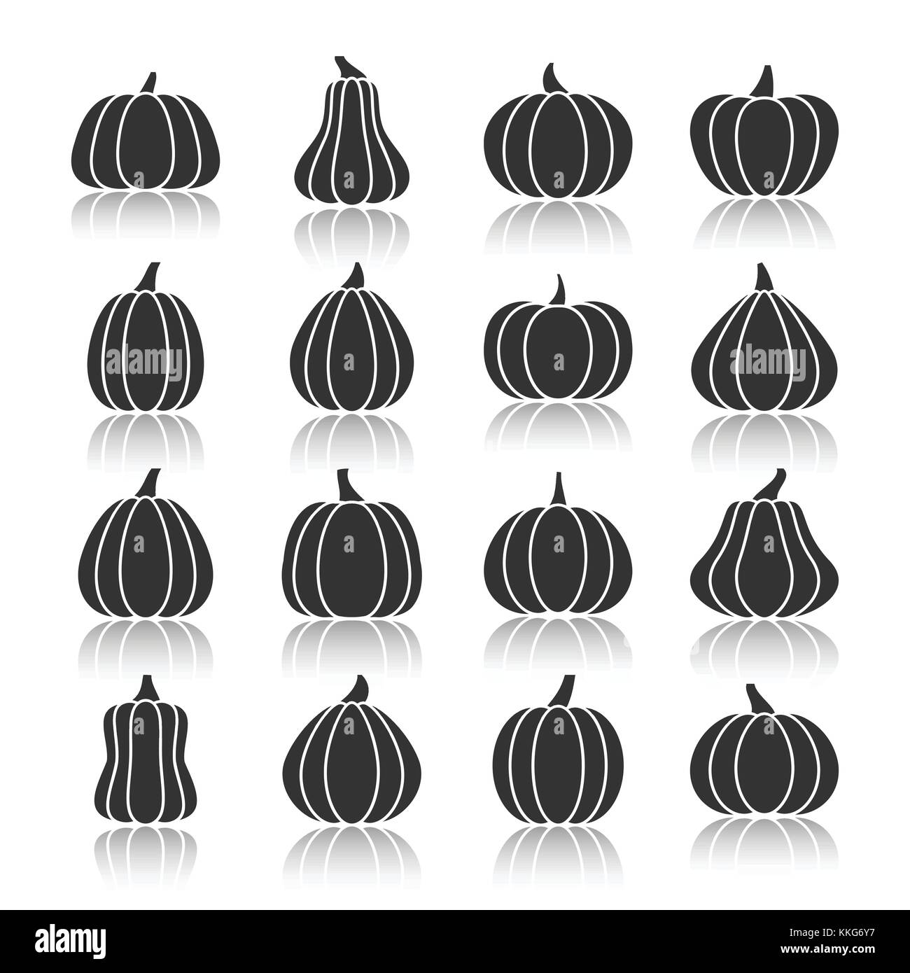 Halloween pumpkin black silhouette with reflection icon set. Monochrome flat design symbol collection. Simple graphic pictogram pack. Web, infographic Stock Vector
