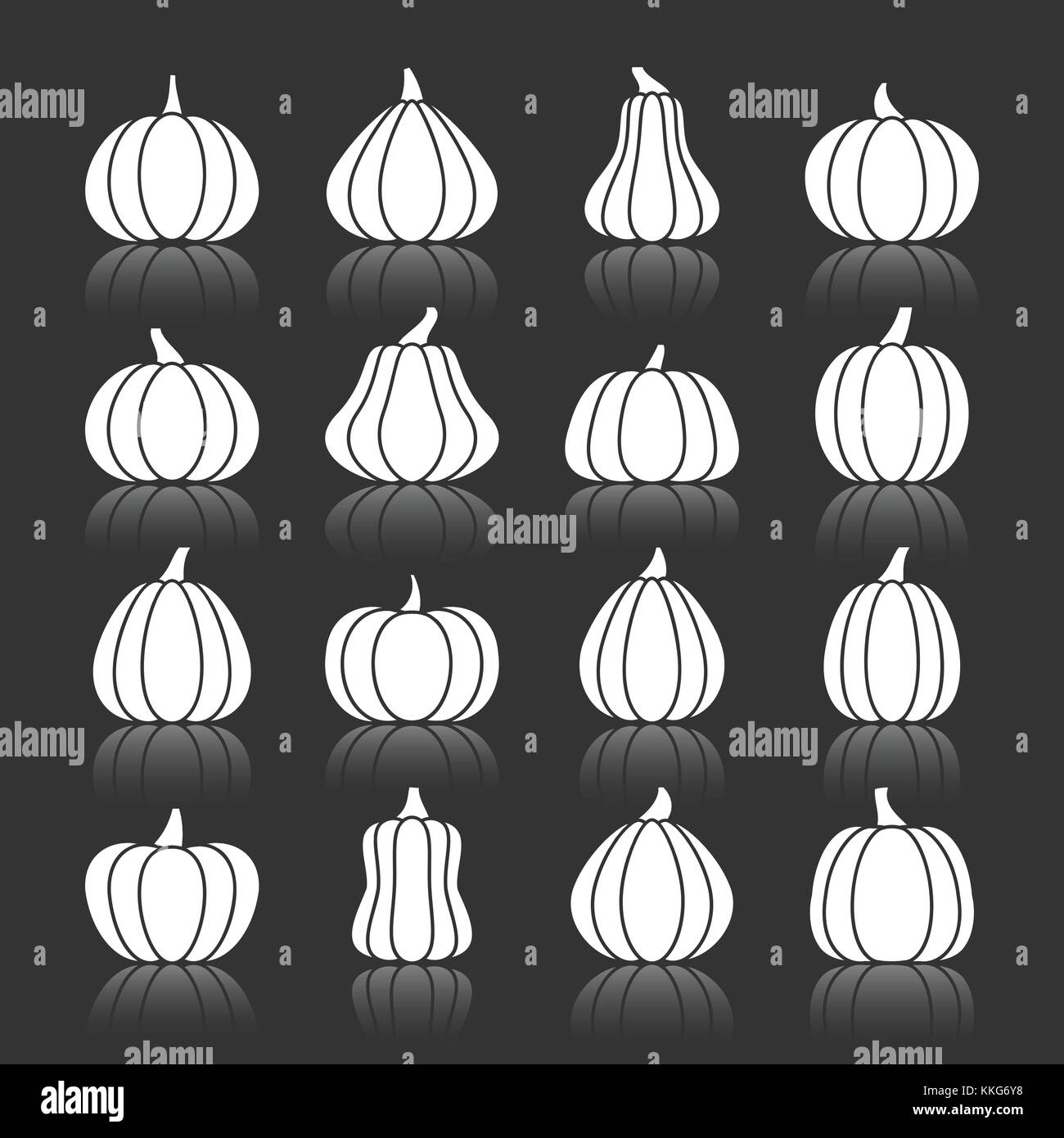 Halloween pumpkin white silhouette with reflection icon set. Monochrome flat design symbol collection. Simple graphic pictogram pack. Web, infographic Stock Vector
