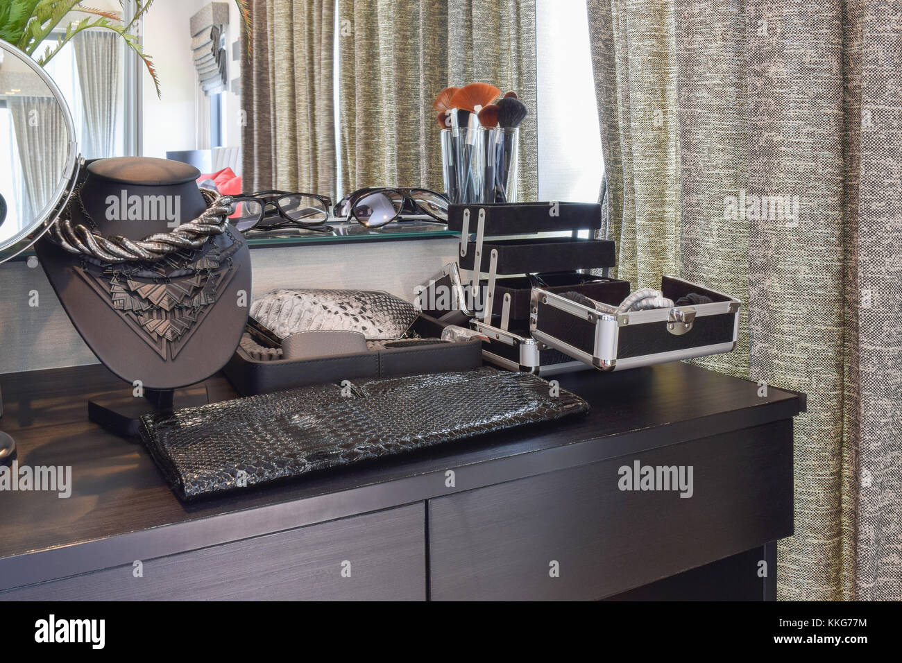 black wooden dressing table with accessories at home Stock Photo Alamy