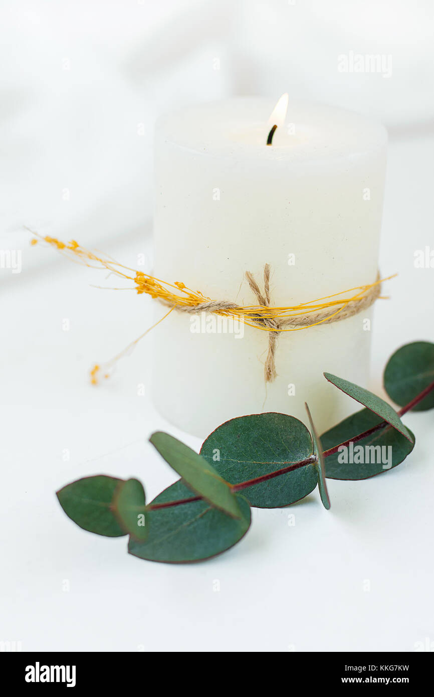 Thick White Lit Candle with Twine and Dry Plant Twig Silver Dollar