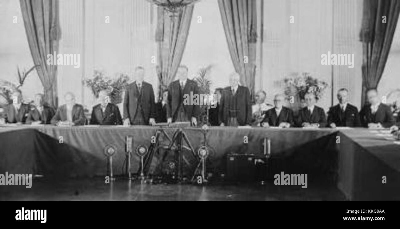 The Kellogg-Briand Pact, signed in 1928, was an international treaty that sought to renounce war as a means of resolving disputes, reflecting the interwar period's peace efforts. Stock Photo