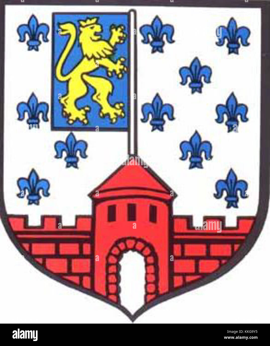 The coat of arms of Nowogard, Poland, features a silver field scattered with blue fleur-de-lis. Atop a city wall with a tower, a blue banner displays a golden lion. This design reflects the town's medieval heritage under the Counts von Eberstein, who granted city rights in 1309. Stock Photo