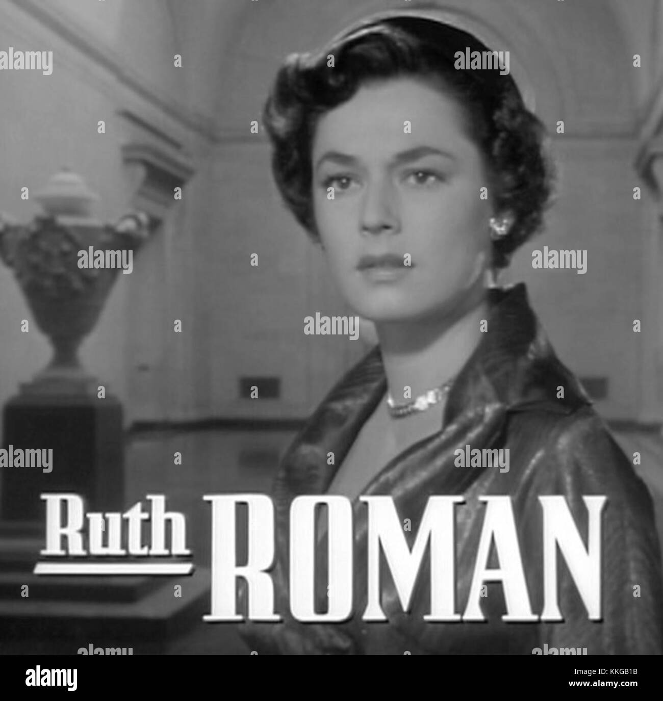 Ruth Roman starred in the 1951 film 'Strangers on a Train,' directed by Alfred Hitchcock. The trailer features her performance in this suspenseful psychological thriller. Stock Photo