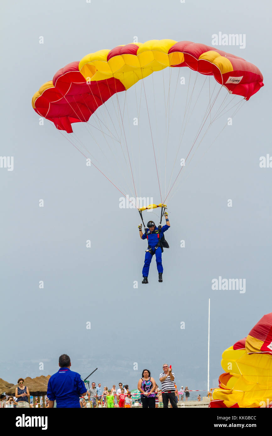 MOTRIL, GRANADA, SPAIN-JUN 10: Parachutist of the PAPEA taking part in an exhibition on the 12th international airshow of Motril on Jun 10, 2017, in M Stock Photo