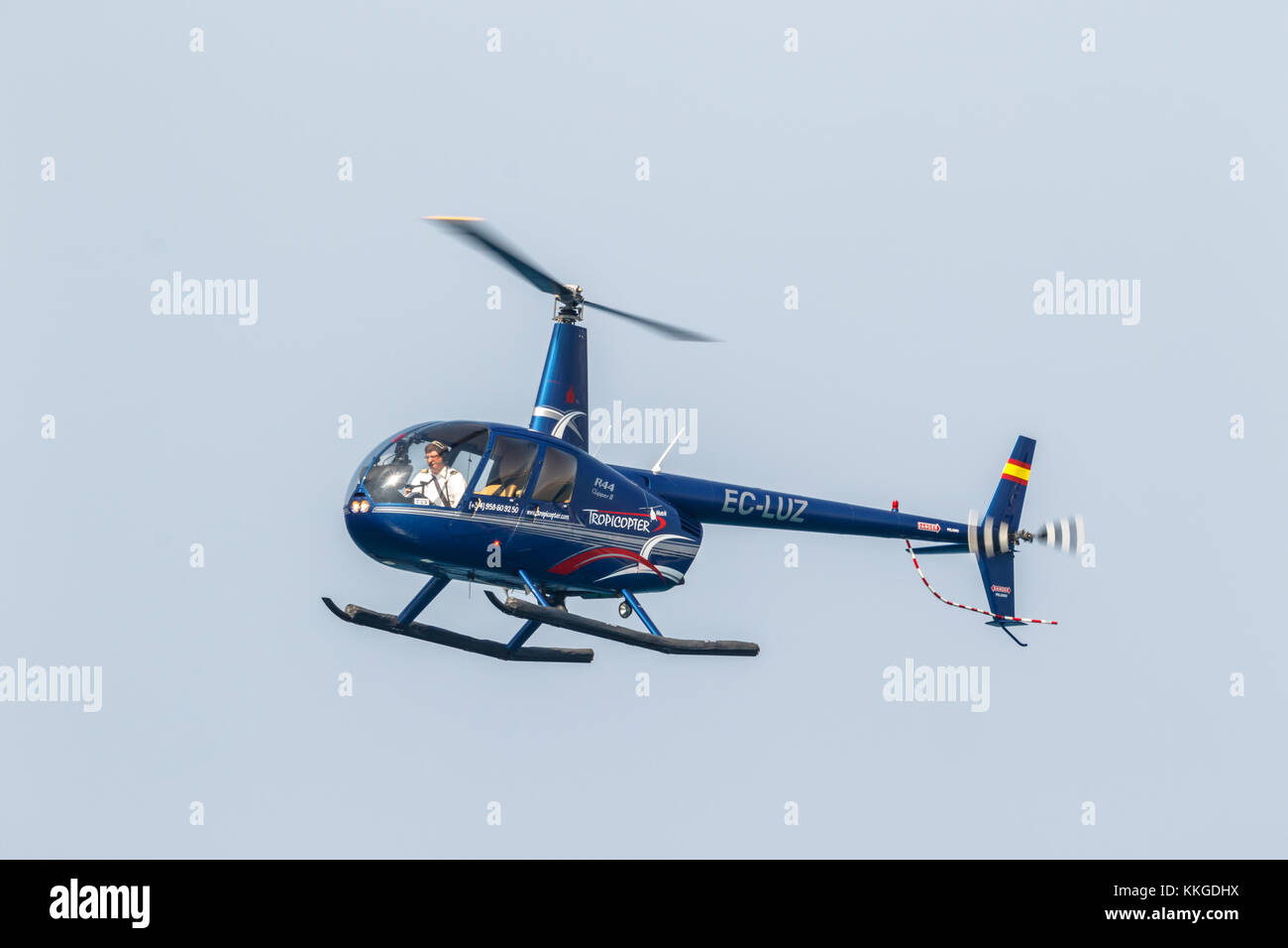 MOTRIL, GRANADA, SPAIN-JUN 11: Helicopter Robinson R44 taking part in an exhibition on the 12th international airshow of Motril on Jun 11, 2017, in Mo Stock Photo