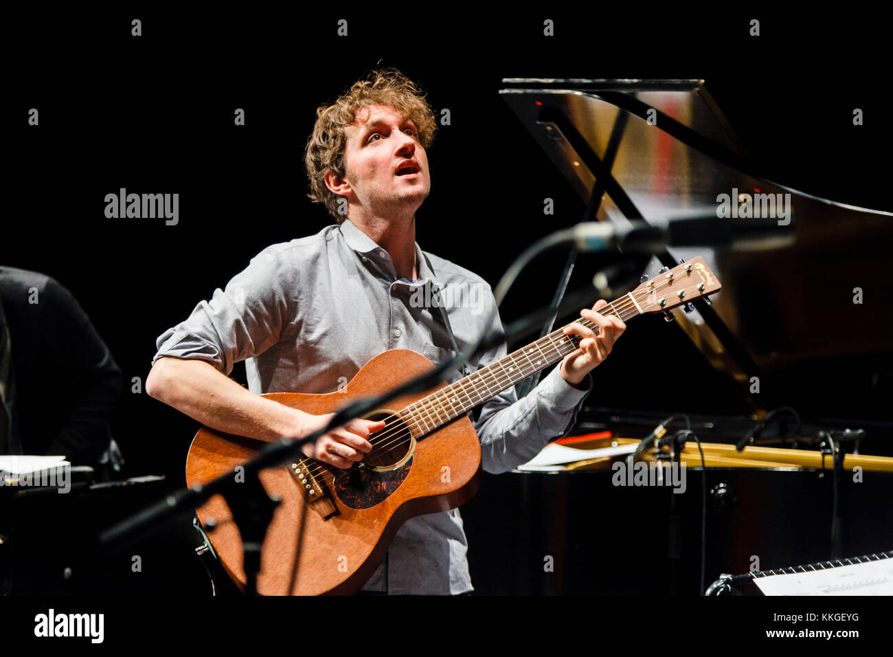 Sam Amidon rehearsing on stage at the Lawrence Batley Theatre during the Huddersfield Contemporary Music Festival, 2017 Stock Photo