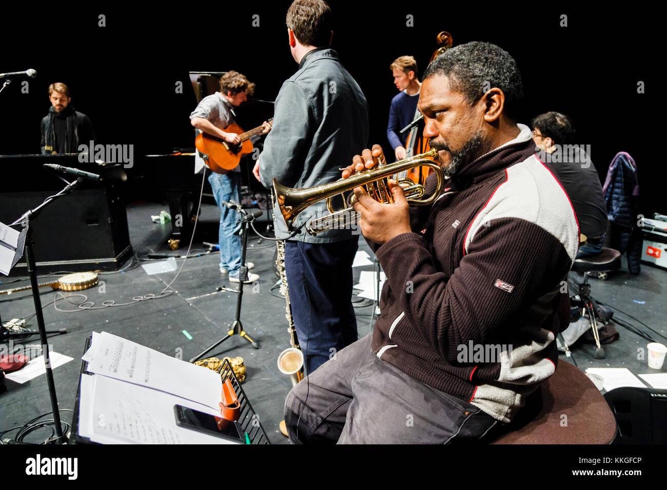 Sam Amidon rehearsing on stage with friends at the Lawrence Batley Theatre during the Huddersfield Contemporary Music Festival, 2017 Stock Photo
