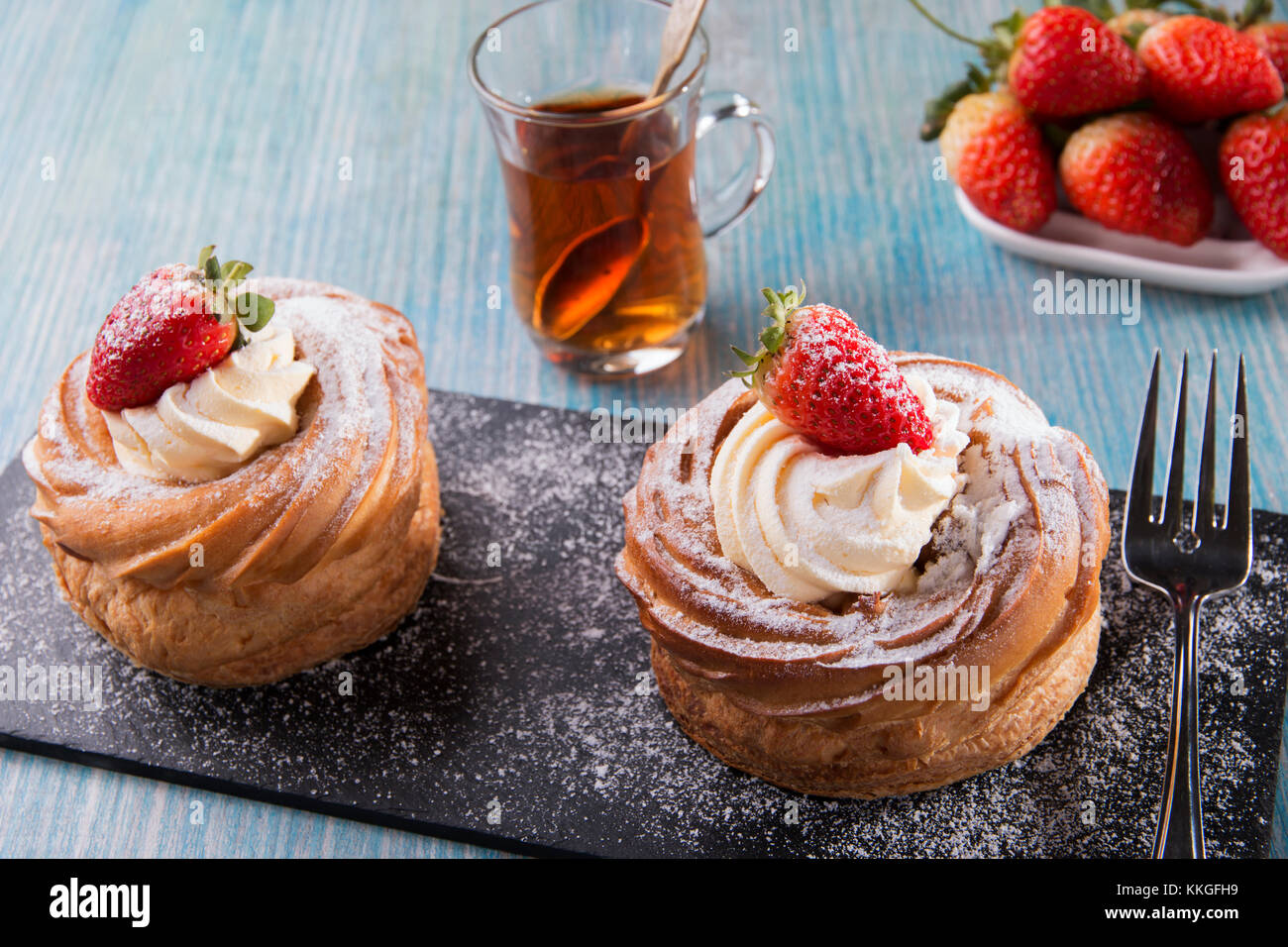 cake with custard and strawberries whipped cream Stock Photo - Alamy