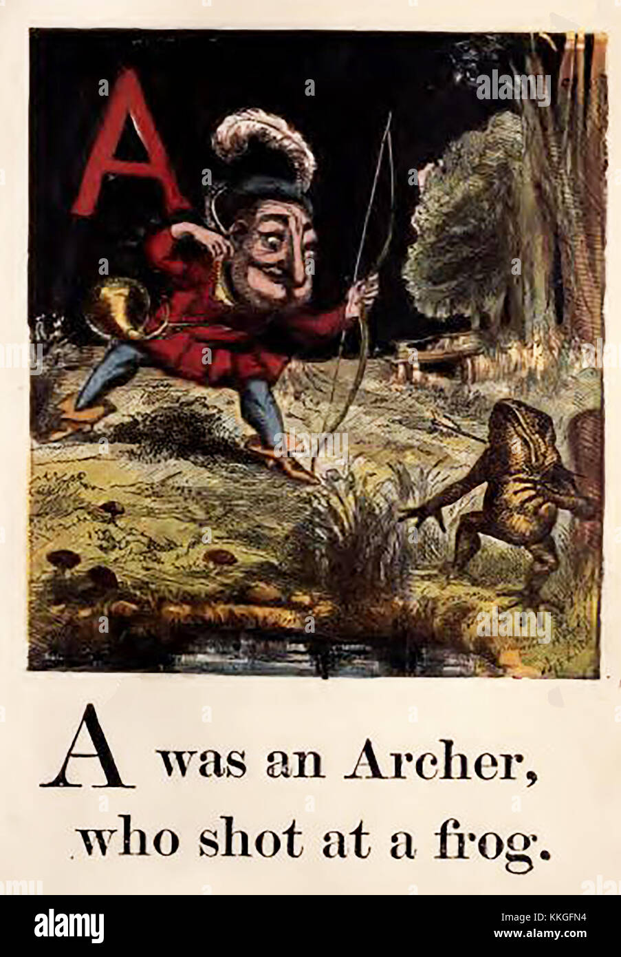 An historic  coloured Victorian children's ABC book illustration - .A is for Archer (shooting a frog with a bow and arrow) Stock Photo
