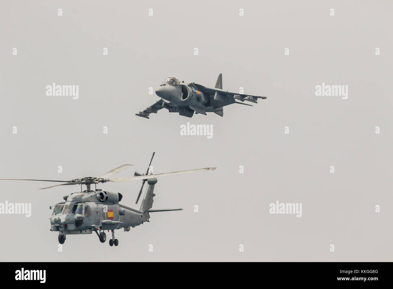 MOTRIL, GRANADA, SPAIN-JUN 09: Aircraft AV-8B Harrier Plus and  helicopter SH-60 Seahawk taking part in an exhibition on the 12th international airsho Stock Photo