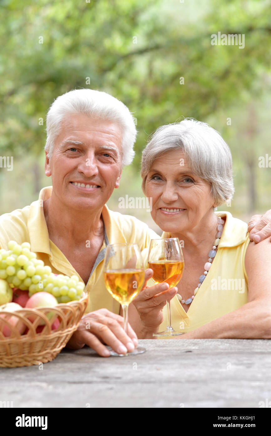 elderly couple drinking wine Stock Photo