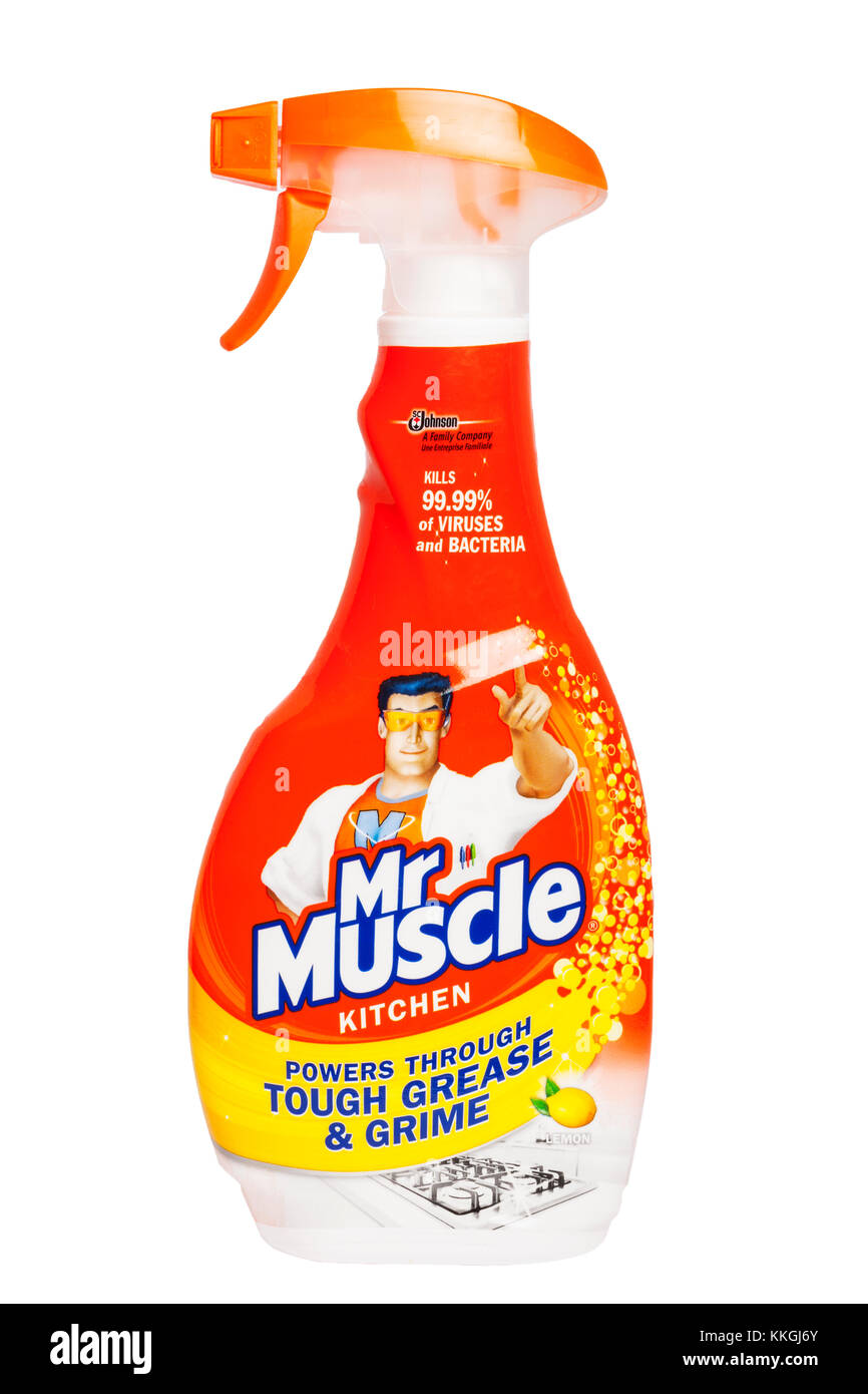 Mr Muscle Kitchen cleaner on a white background Stock Photo