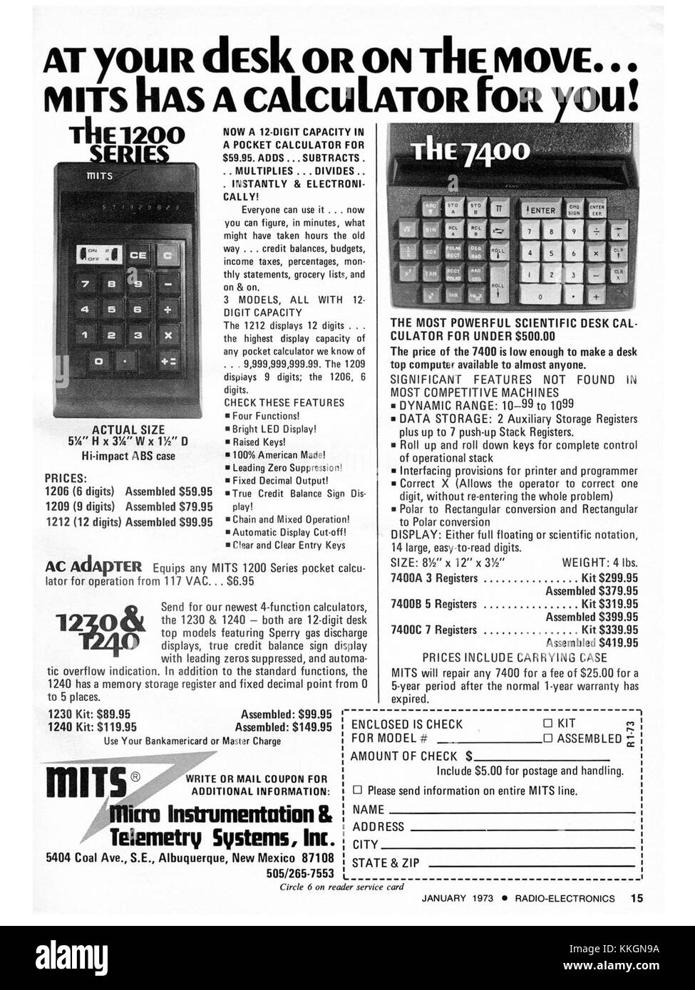 A 1973 advertisement or image featuring MITS calculators, which were among the first personal computing devices. This item highlights the early days of computing technology and the role of MITS in the development of personal calculators. Stock Photo