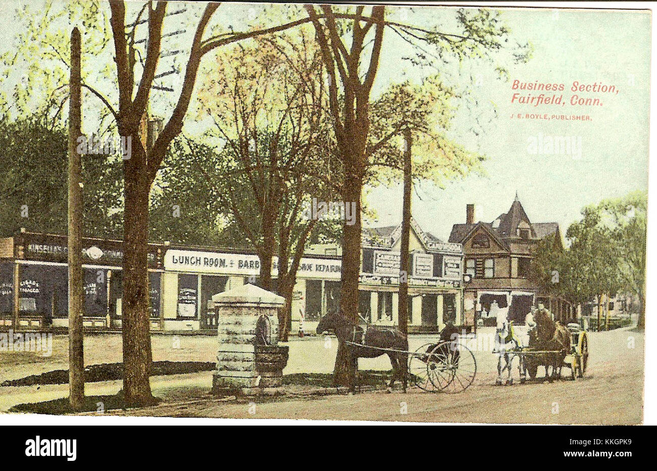 Postcard showing Fairfield, Connecticut business district with horse and buggies Stock Photo Alamy