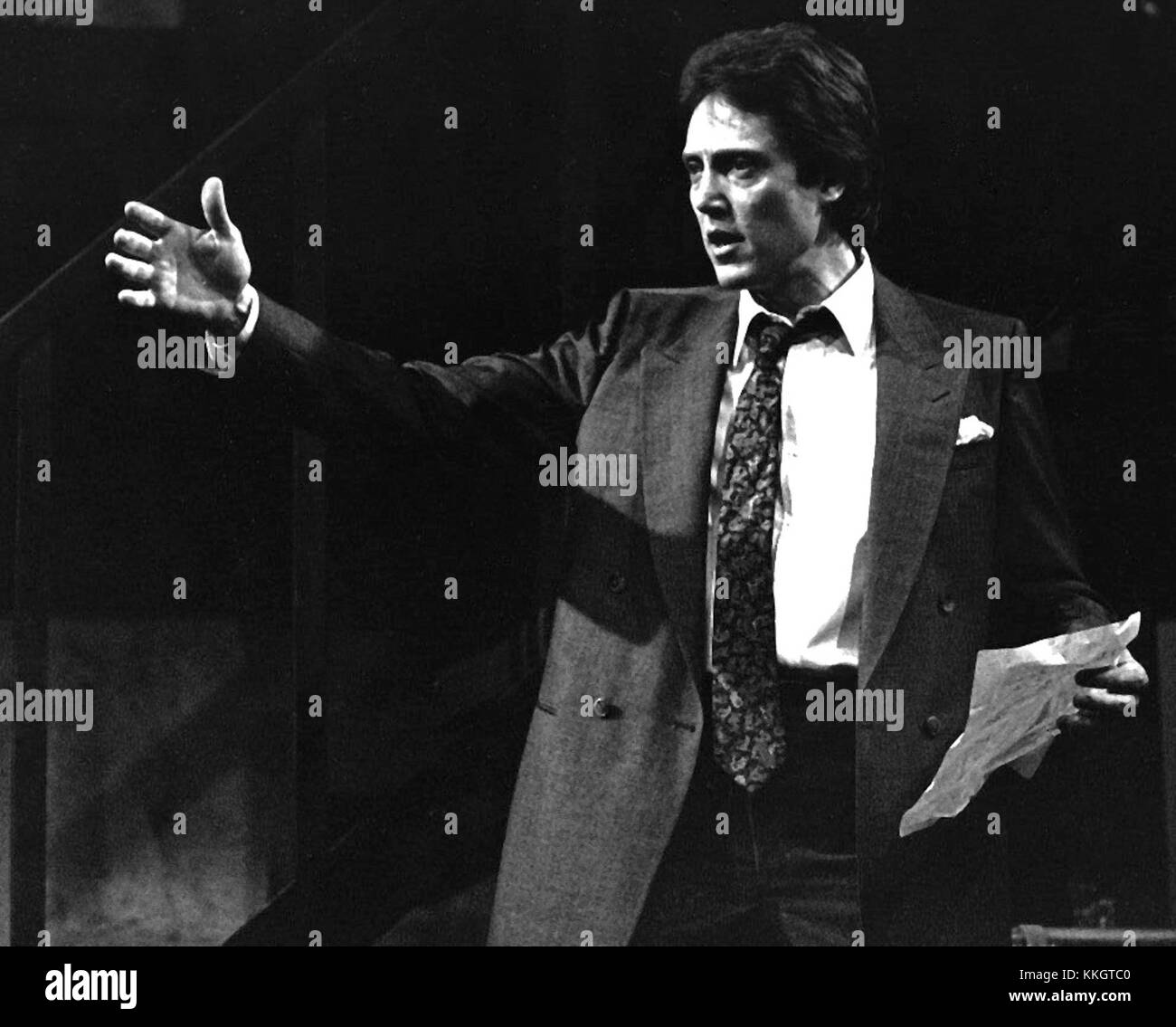 Christopher Walken, an American actor, known for his unique performances, is captured in a 1984 photograph. This era reflects his rising fame in Hollywood, showcasing his iconic appearance during the mid-80s. Stock Photo