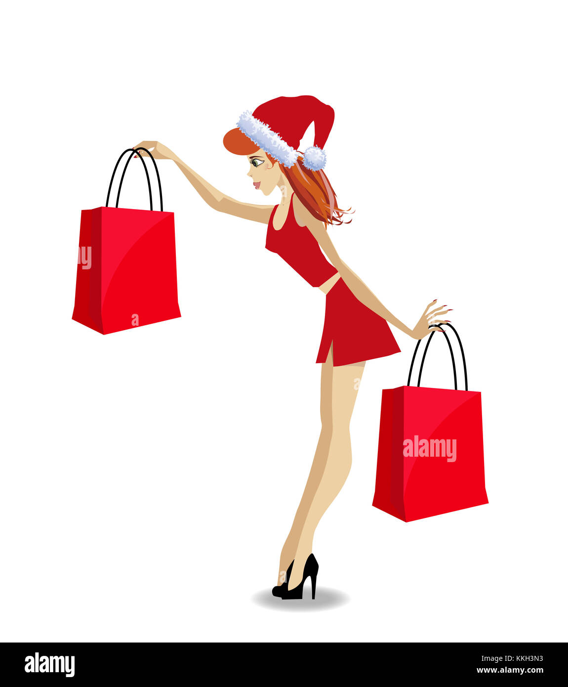 Cute santa girl character in red dress and santa hat holding red shopping bags isolated on white background. Vectro illustration, clip art. Christmas  Stock Photo