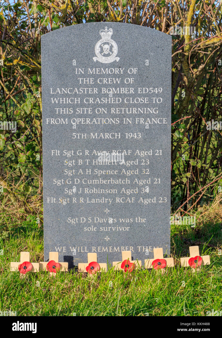 RAF and Royal Canadian Air Force World War II memorial. In memory to the air crew of a Lancaster bomber which crashed near the village of Plungar UK Stock Photo