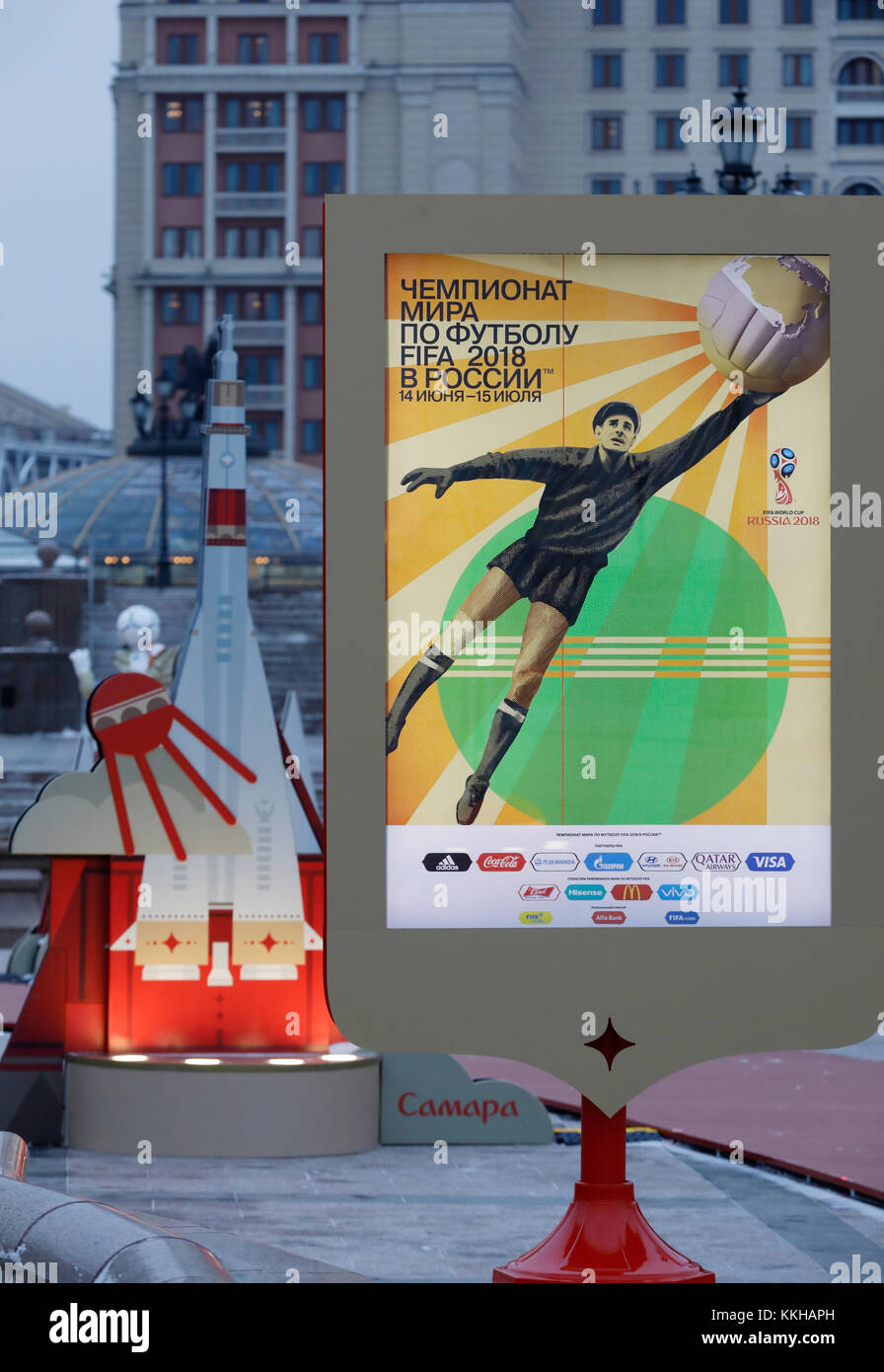 Moskau, Russland. 29th Nov, 2017. WM 2018 Logos und Plakate in Moskau. Feature/Schmuckbild/Hintergrund/Hintergrundbild. Fussball: Auslosung zur FIFA- Fussball Weltmeisterschaft 2018 in Moskau, Russland 01.12.2017 - Football, Draw for the FIFA- World Cup 2018, Moscow, December 01, 2017 |usage worldwide Credit: dpa/Alamy Live News Stock Photo