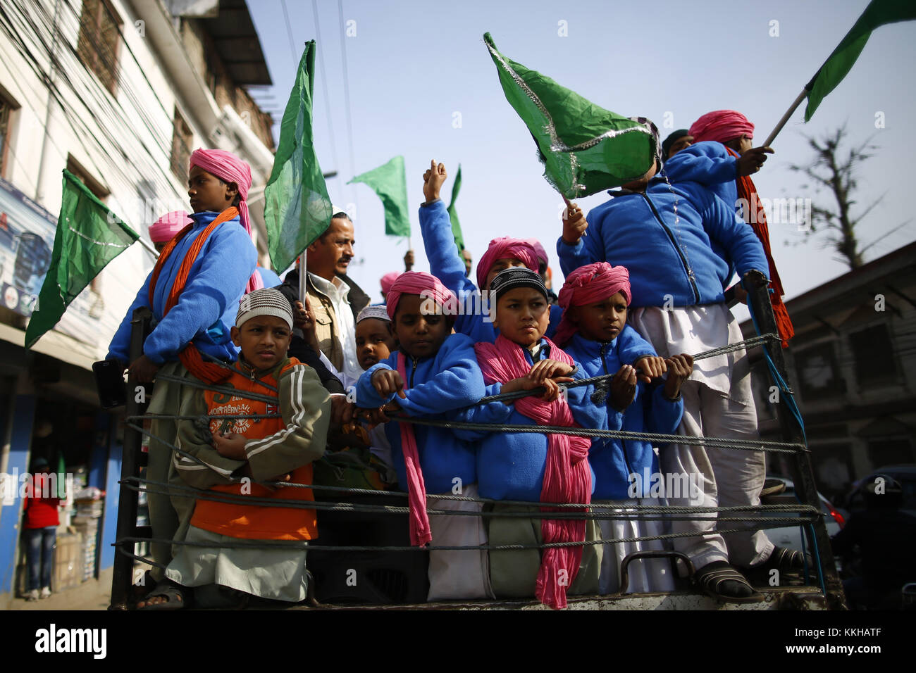 Kathmandu, Nepal. 1st Dec, 2017. Nepalese Muslims participate in a rally to celebrate the birthday of Prophet Muhammad in Kathmandu, Nepal on Friday, December 01, 2017. Credit: Skanda Gautam/ZUMA Wire/Alamy Live News Stock Photo