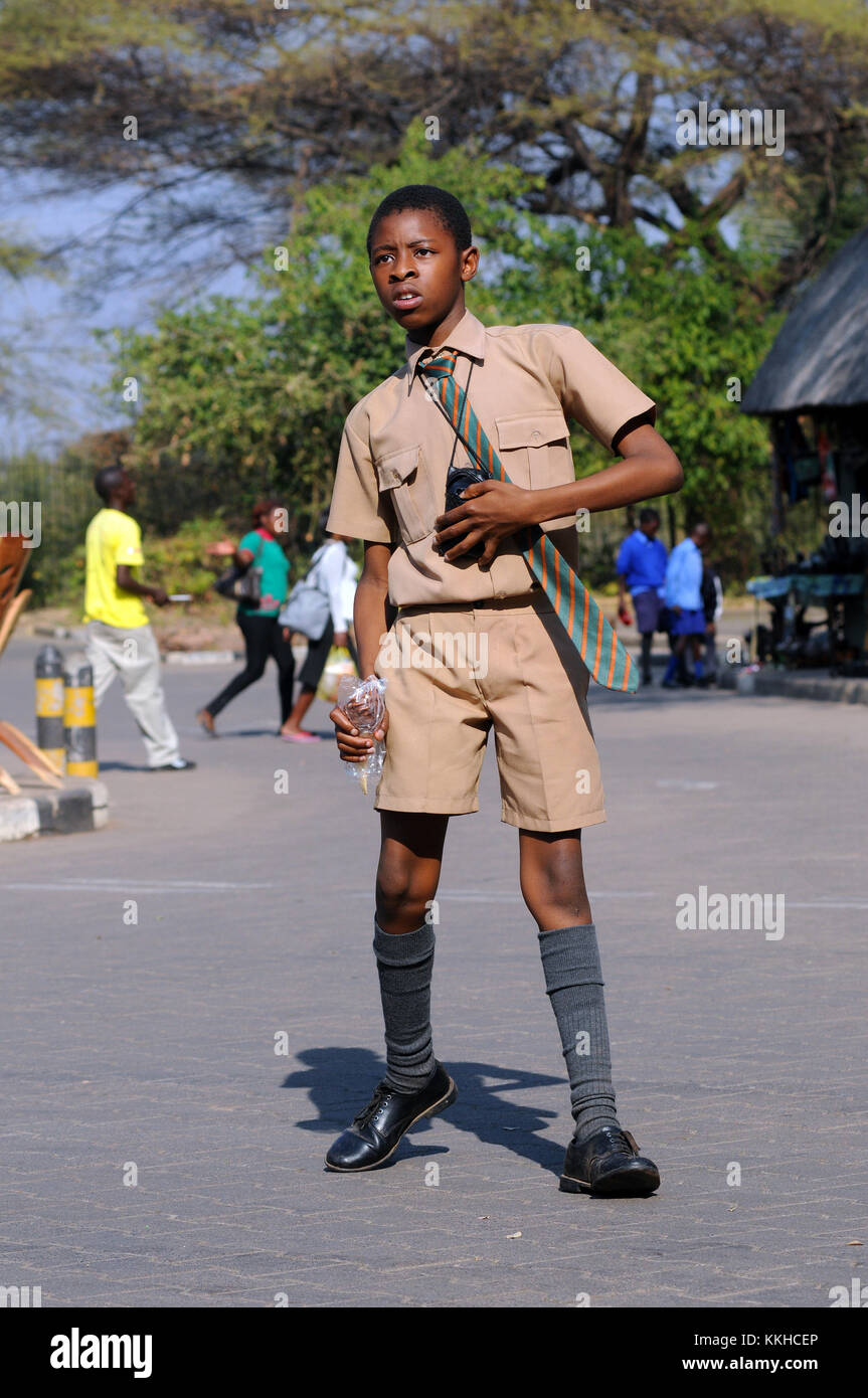Victoria Falls, Zimbabwe. 30th July, 2015. Numerous school trips from Zimbabwe visit the Victoria Falls, including this boy in school uniform, pictured on 30.07.2015. The Victoria Falls are the broad waterfalls of the Zambezi at the border between Zimbabwe and Zambia. The falls were discovered by Scottish missionary David Livingstone, who named them in honour of Britain's Queen Victoria. The Victoria Falls have been a UNESCO world heritage site since 1989. The water falls up to 110 metres across a breadth of more than 1,700 metres. Credit: Matthias Tödt | usage worldwide/dpa/Alamy Live News Stock Photo