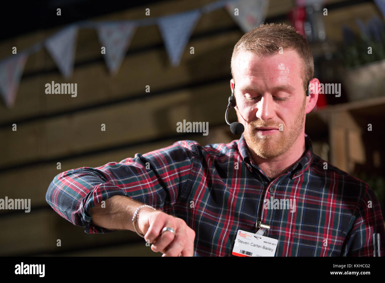 Steven Carter Bailey from this years Great British Bake Off on the Winter Kitchen stage doing a cooking demo inspired by the winter season. Credit: steven roe/Alamy Live News Stock Photo